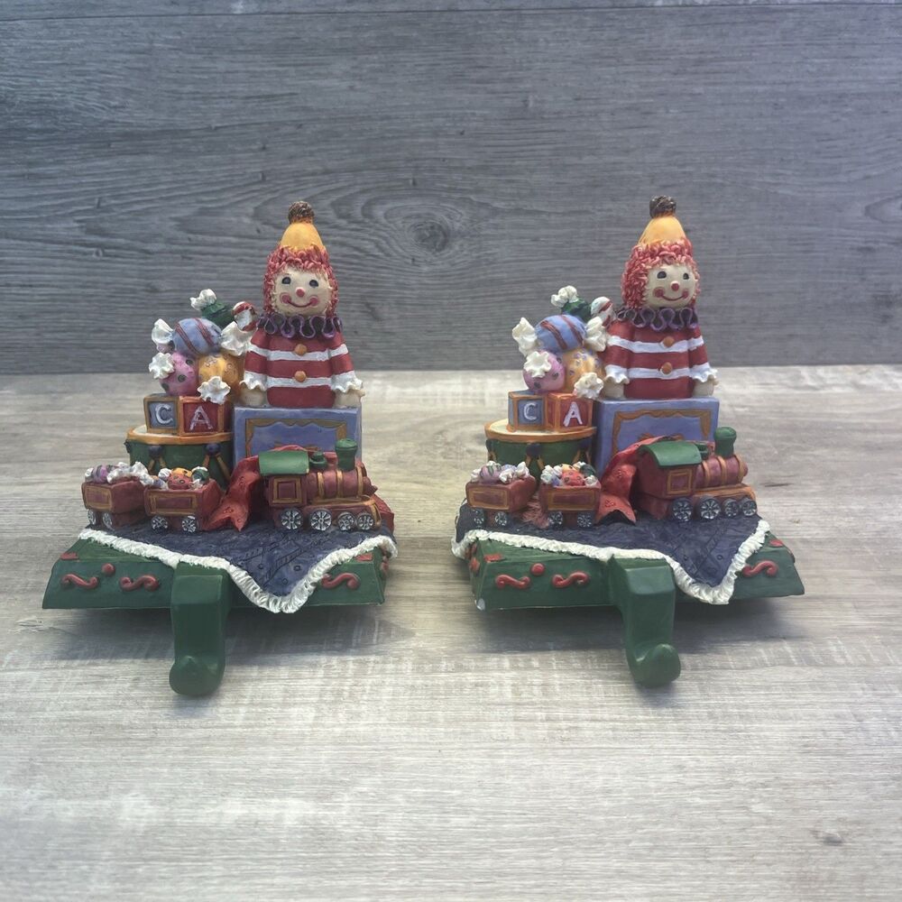 Toy Jack in Box Train Blocks Christmas Mantel Stocking Hanger Holder Vintage Set